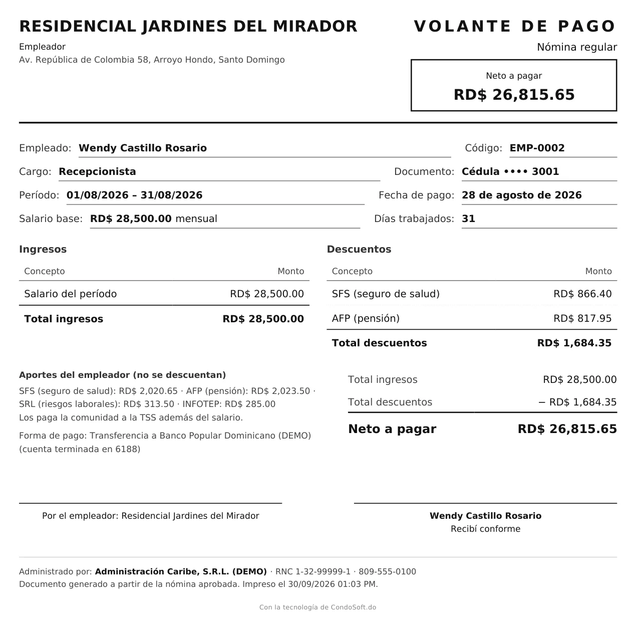 Volante de pago en PDF con ingresos, descuentos de SFS y AFP y neto a pagar
