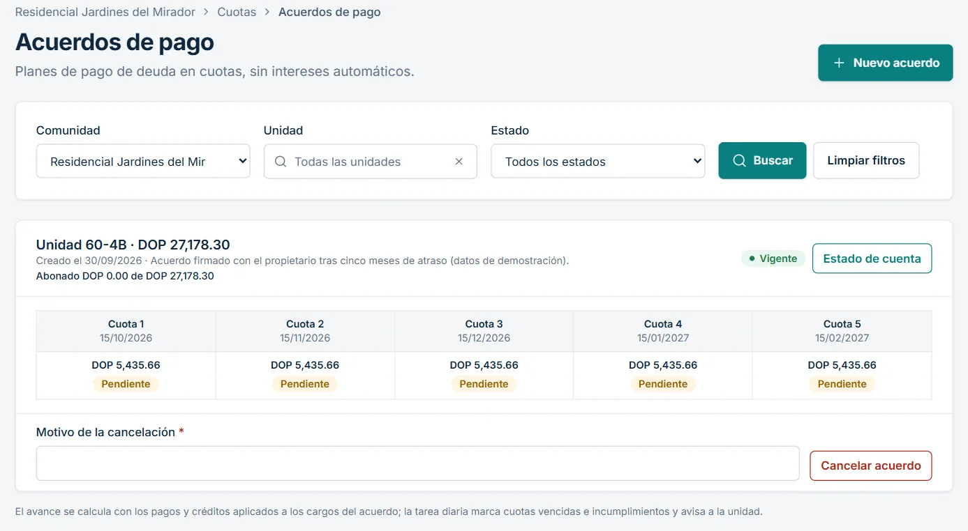 Acuerdo de pago vigente de una unidad morosa dividido en cinco cuotas mensuales