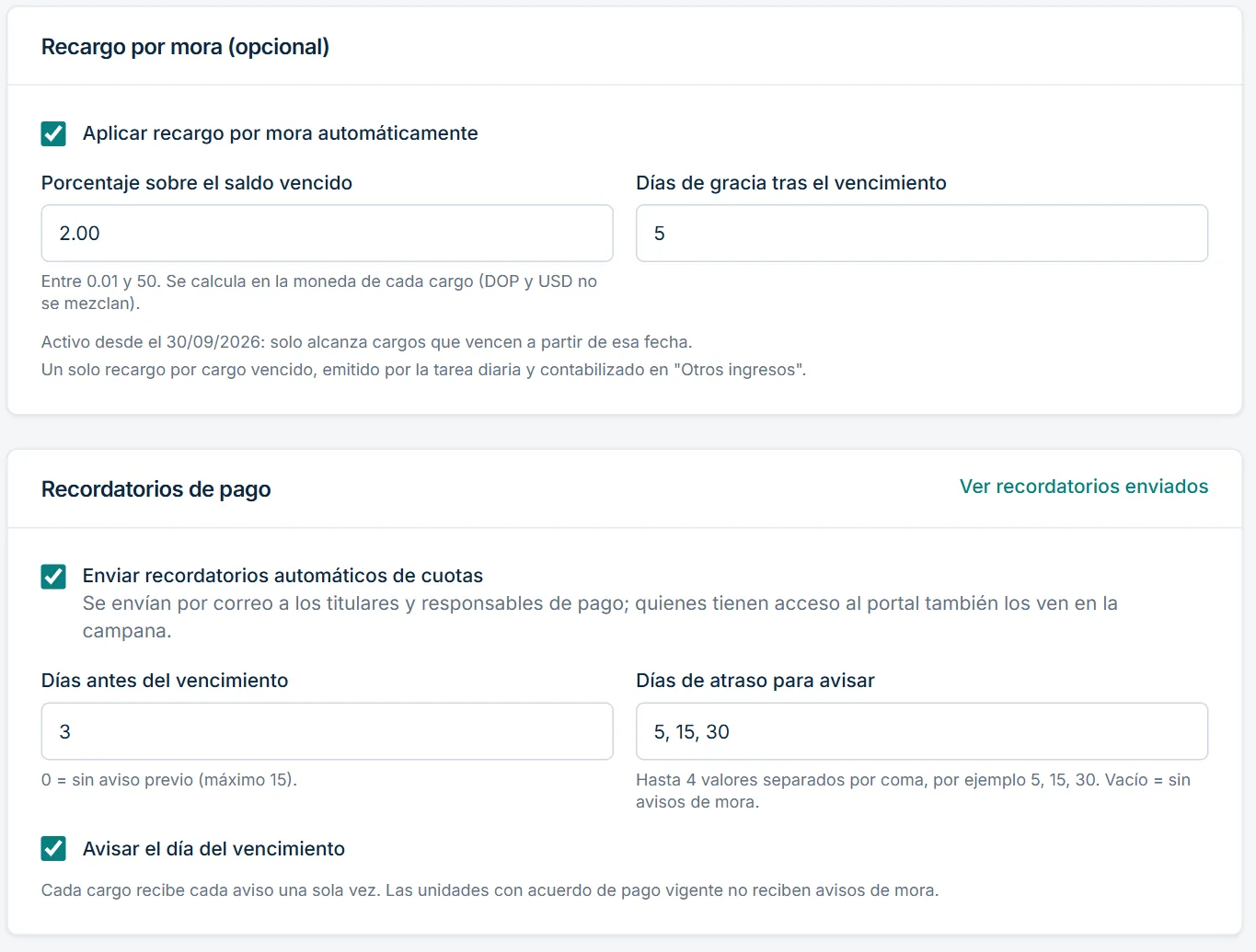 Configuración del recargo por mora y de los recordatorios automáticos de cuotas