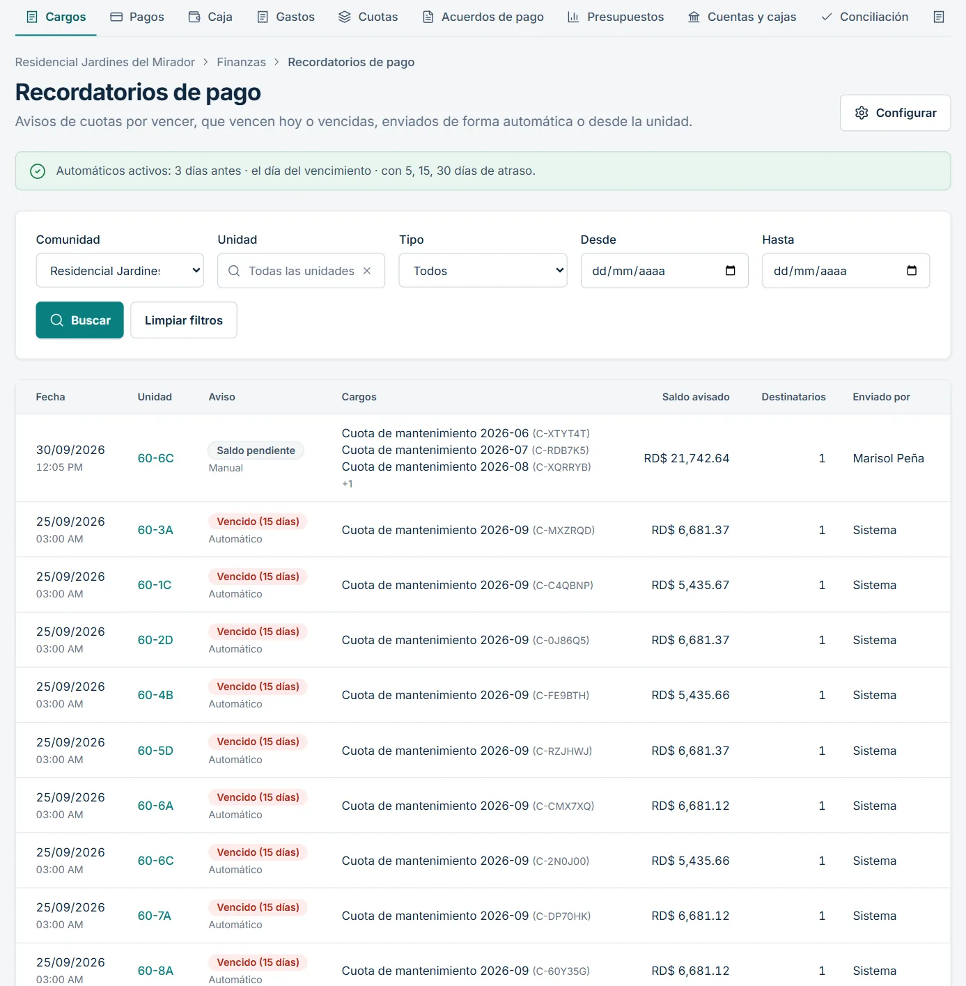 Historial de recordatorios de pago automáticos y manuales enviados a las unidades con saldo pendiente