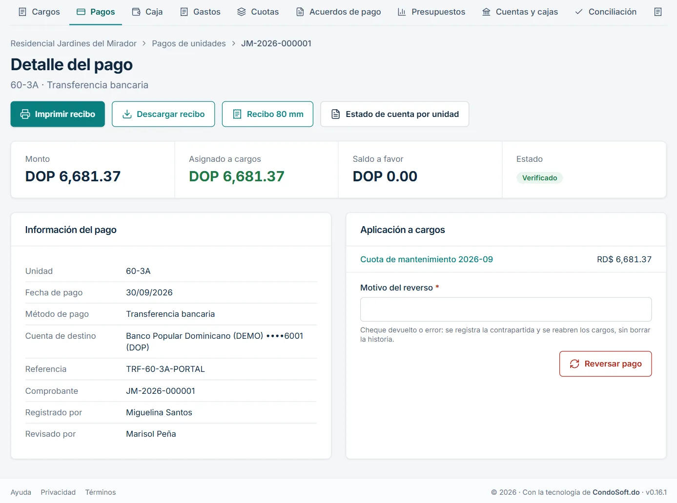 Pago verificado con los botones para imprimir o descargar el recibo en PDF