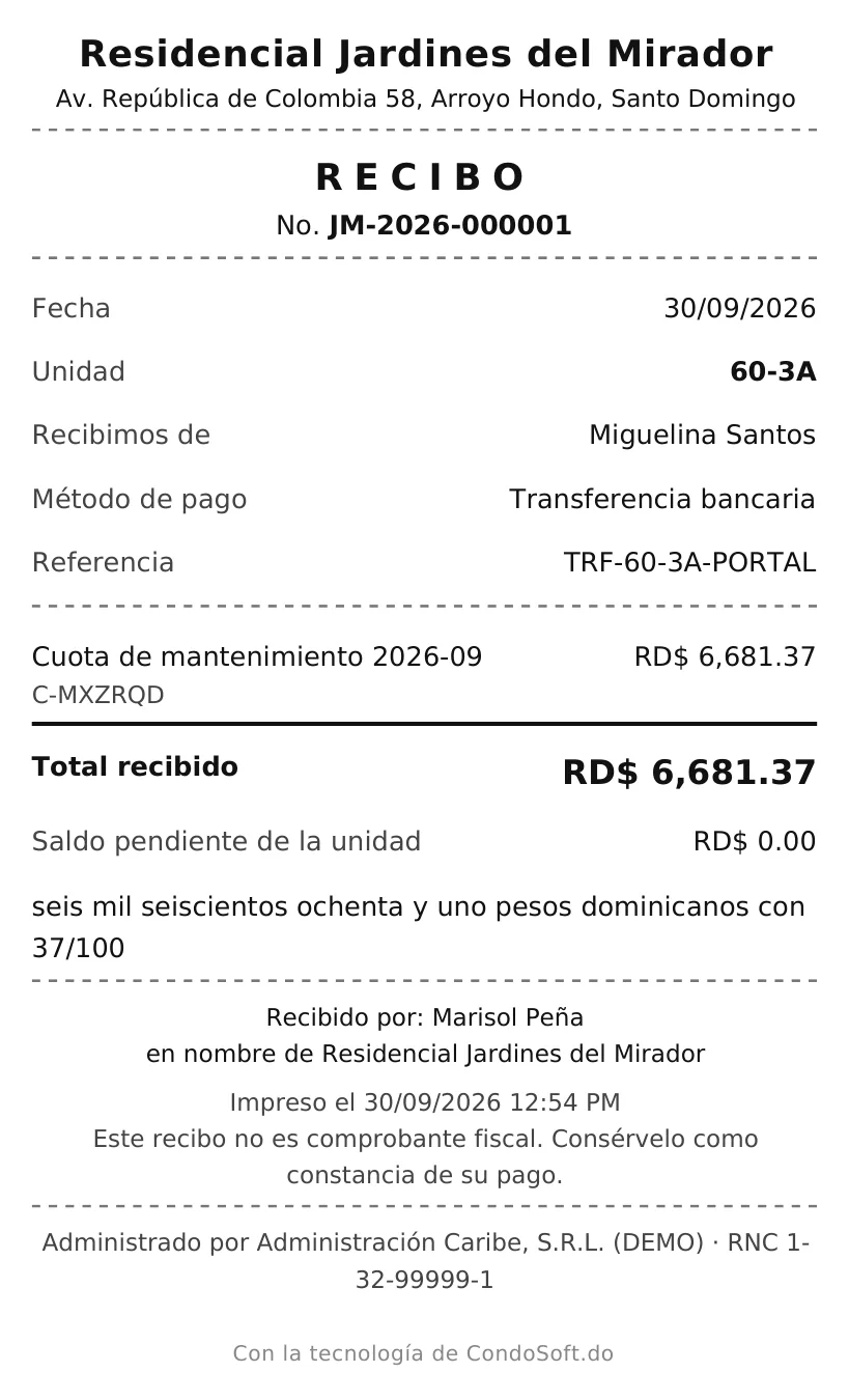 Recibo de pago en formato ticket de 80 milímetros