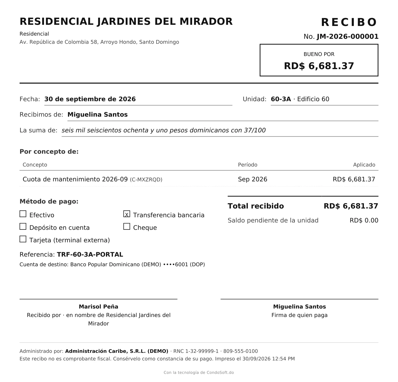 Recibo de pago del condominio en PDF con monto en letras, concepto, método de pago y firmas
