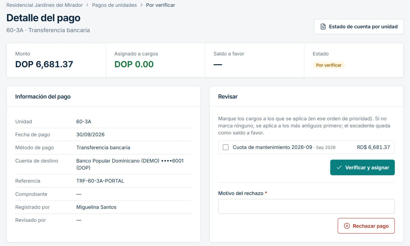 Revisión de un pago reportado por un propietario antes de verificarlo y asignarlo a la cuota
