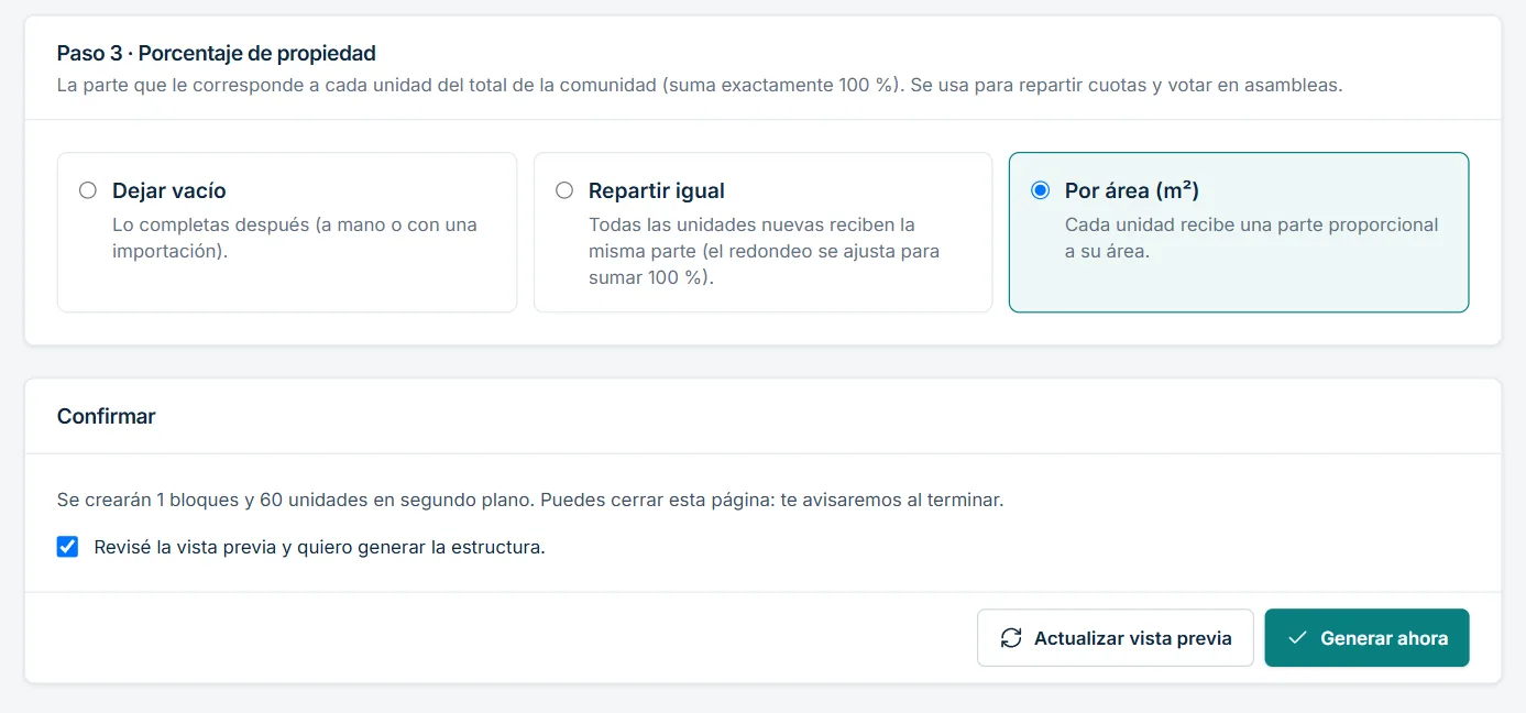 Elección del reparto del porcentaje de propiedad por área antes de generar la estructura