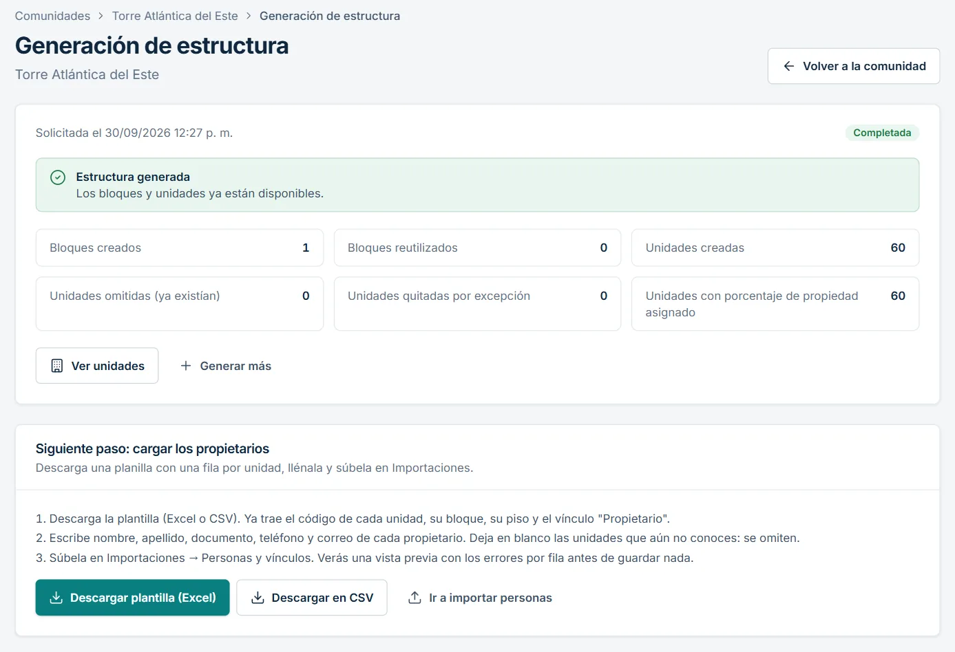 Resultado de la generación con 60 unidades creadas y el siguiente paso para cargar propietarios
