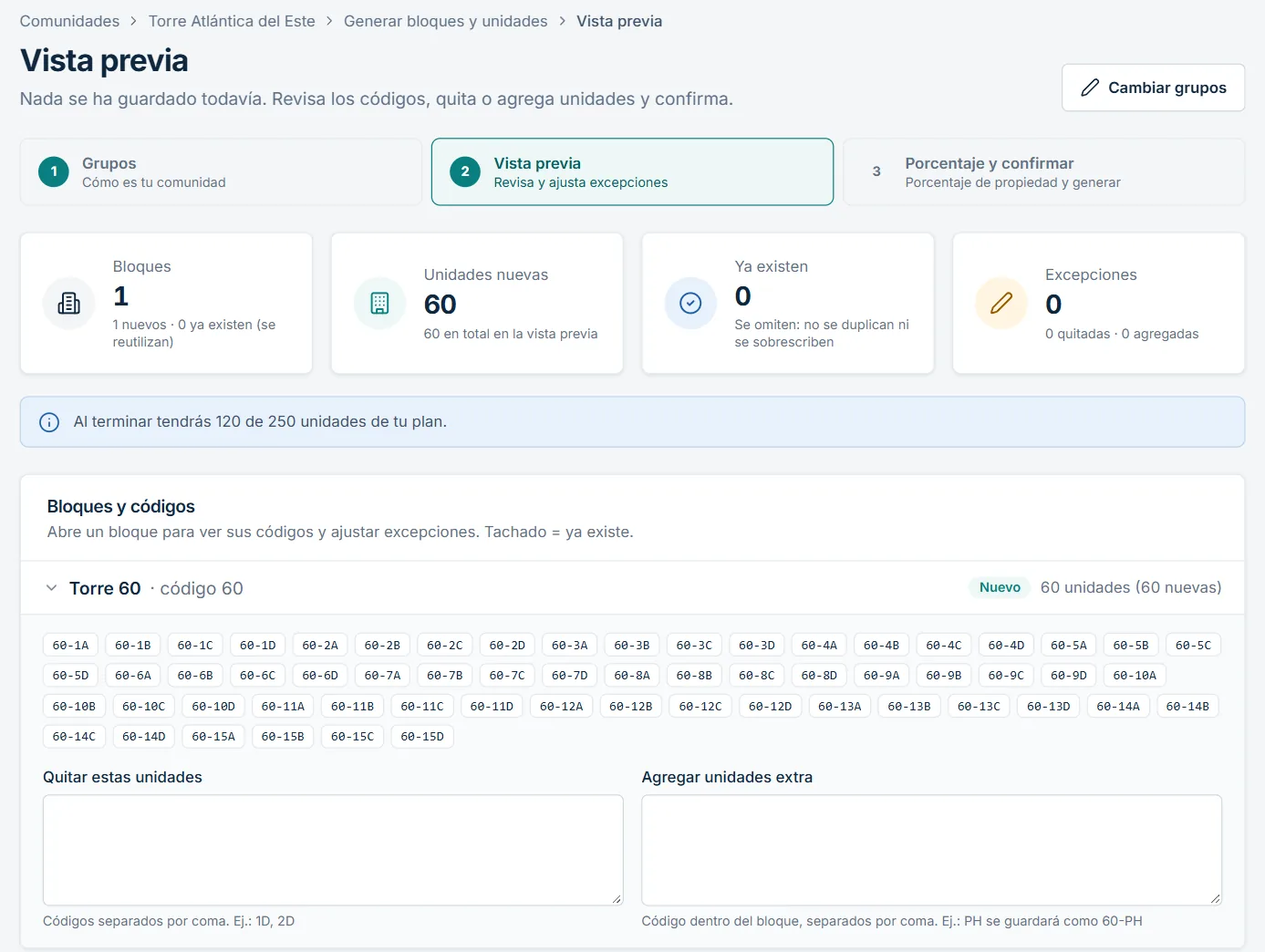 Vista previa con los 60 códigos de apartamento que se van a crear, de 60-1A a 60-15D