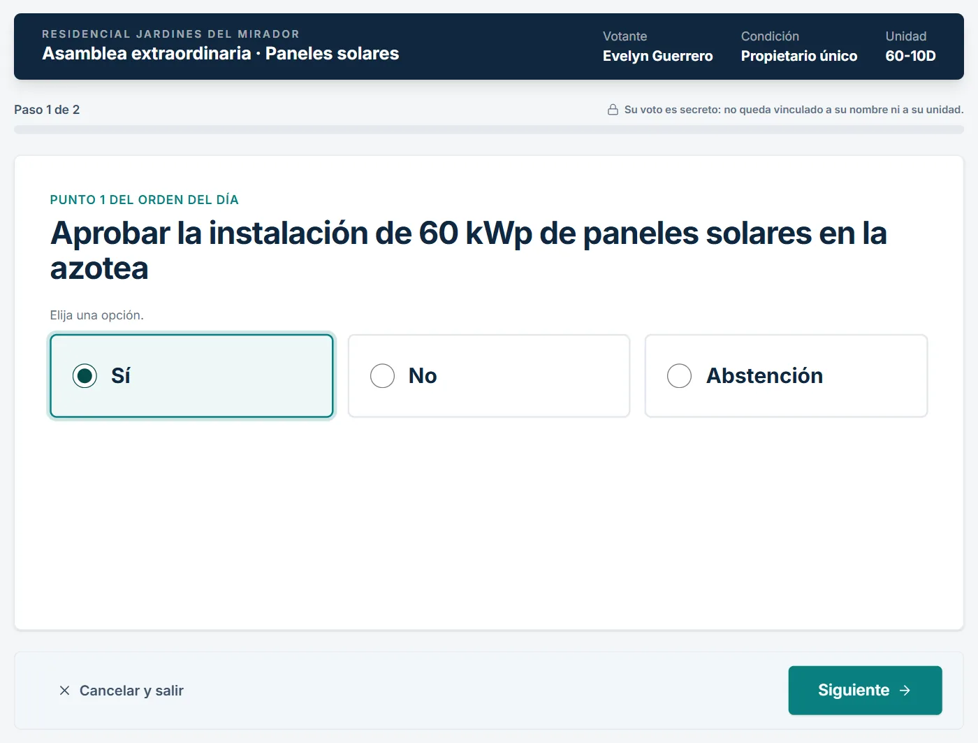 Boleta de voto electrónico secreto de un propietario con las opciones sí, no y abstención