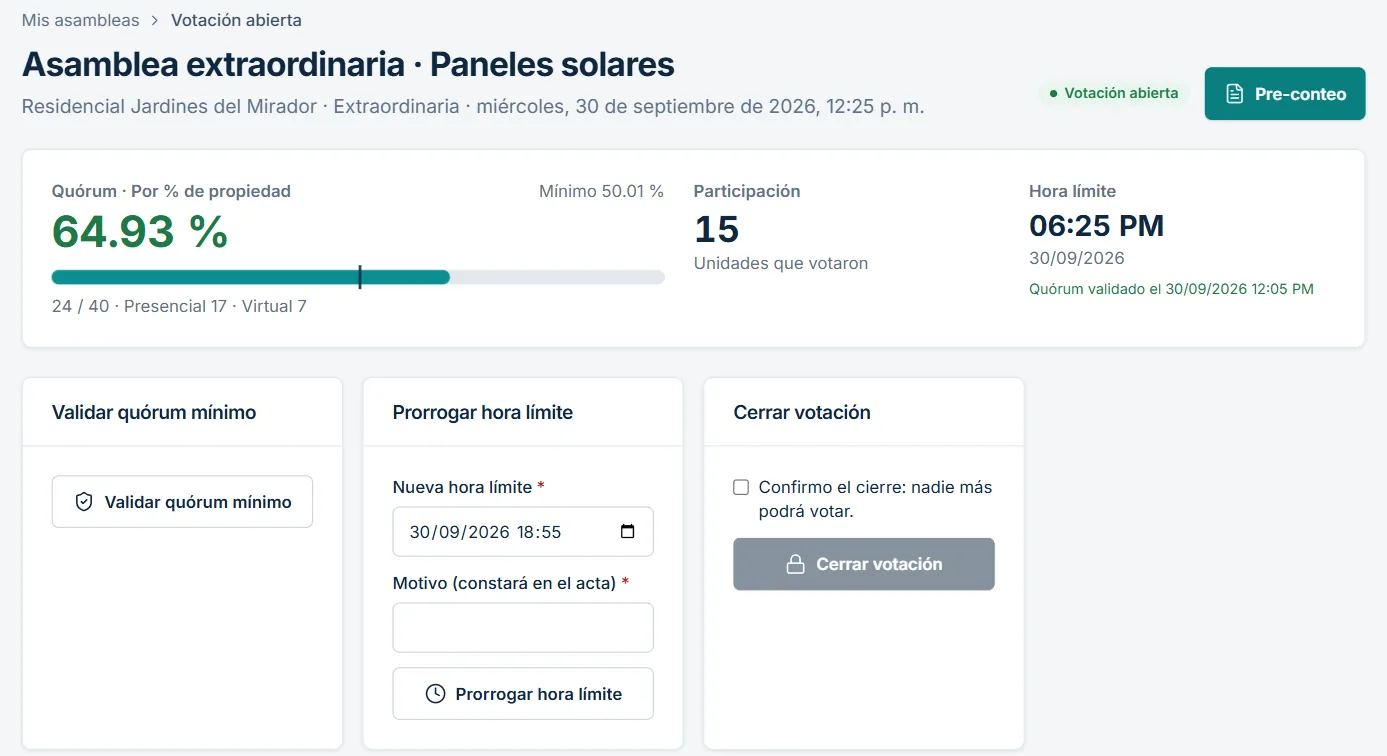 Consola del notario con el quórum, la participación y los controles de la votación en curso