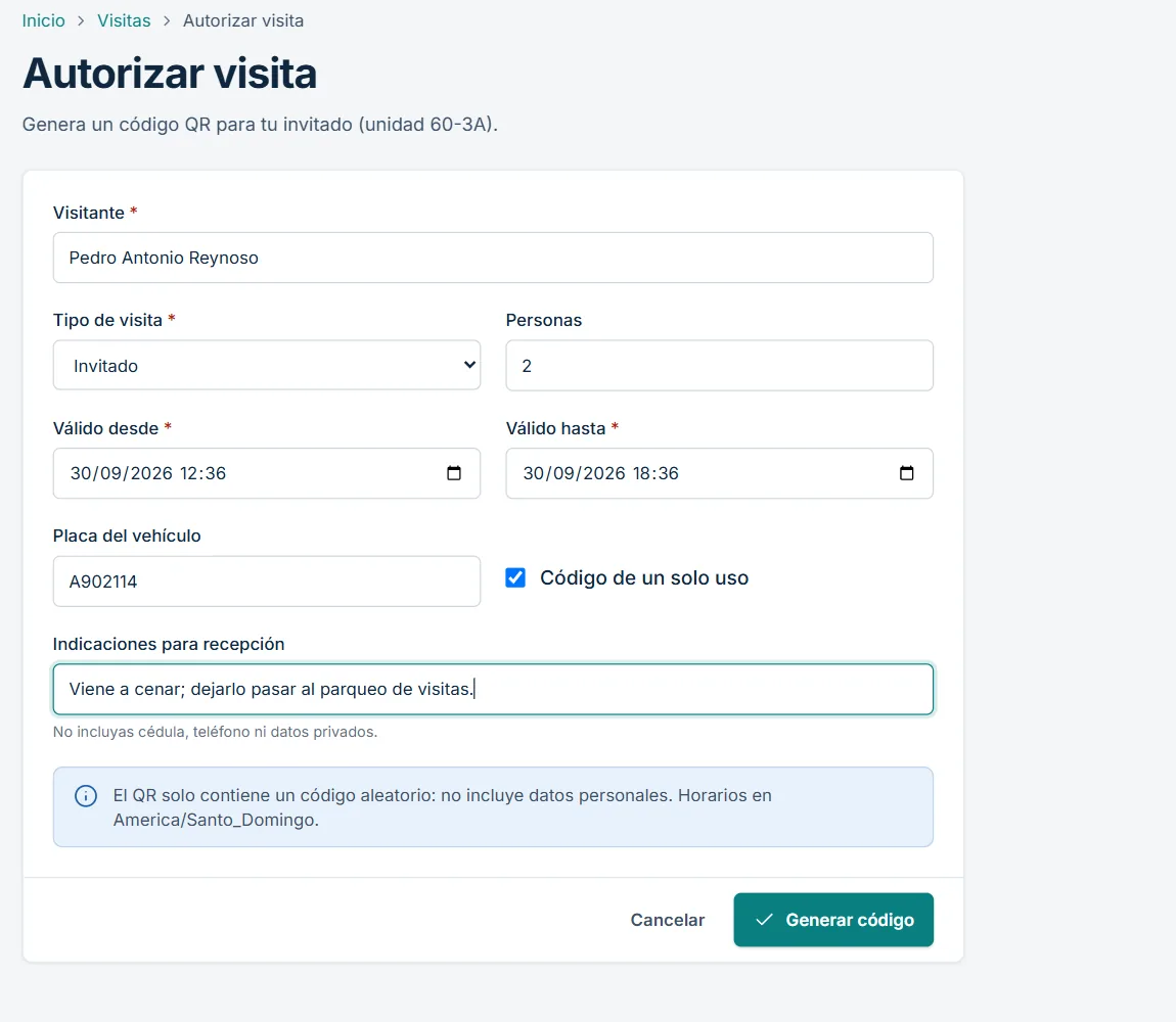 Formulario del portal para autorizar la visita de un invitado y generar su código QR