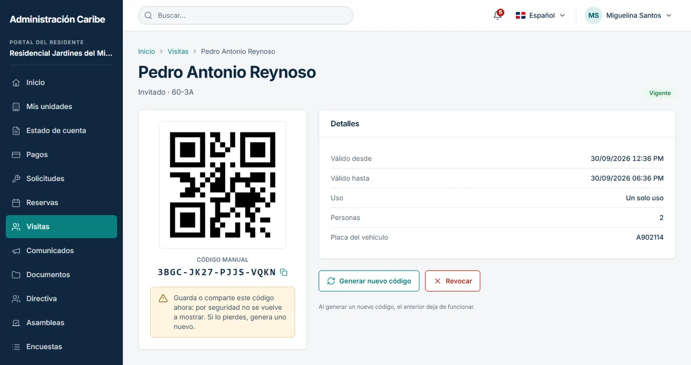 Pase de visita con código QR y código manual generado desde el portal del residente