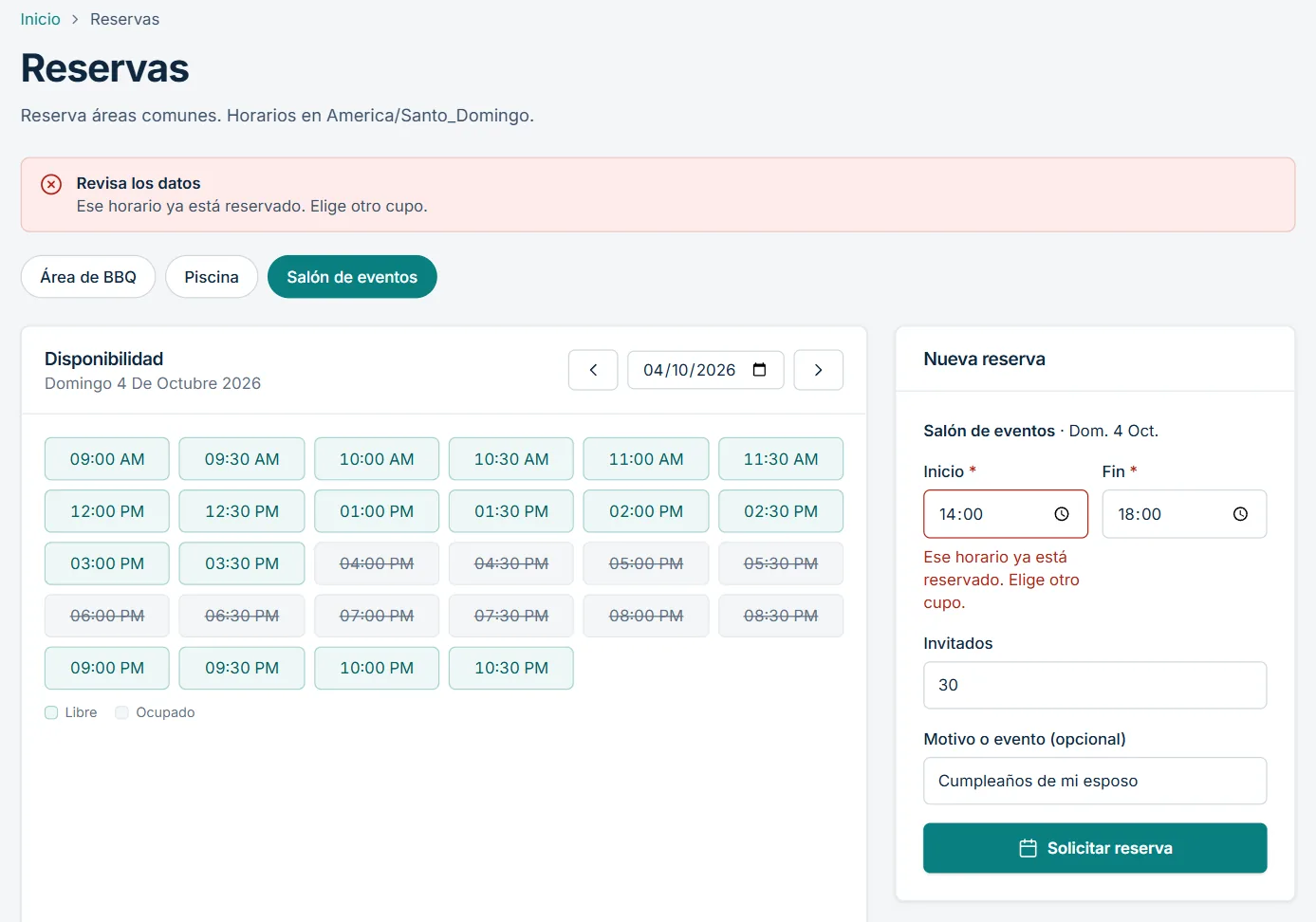 Aviso del portal que impide reservar un horario ya ocupado por otra reserva