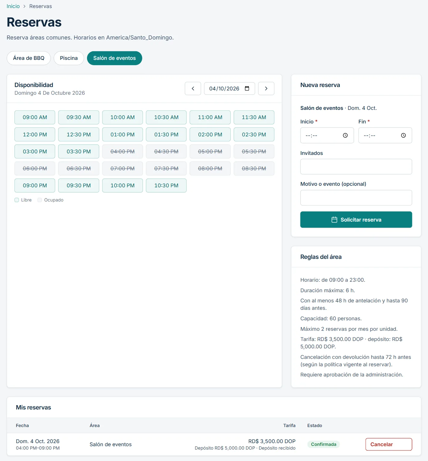 Disponibilidad de un área común por bloques de media hora en el portal del residente