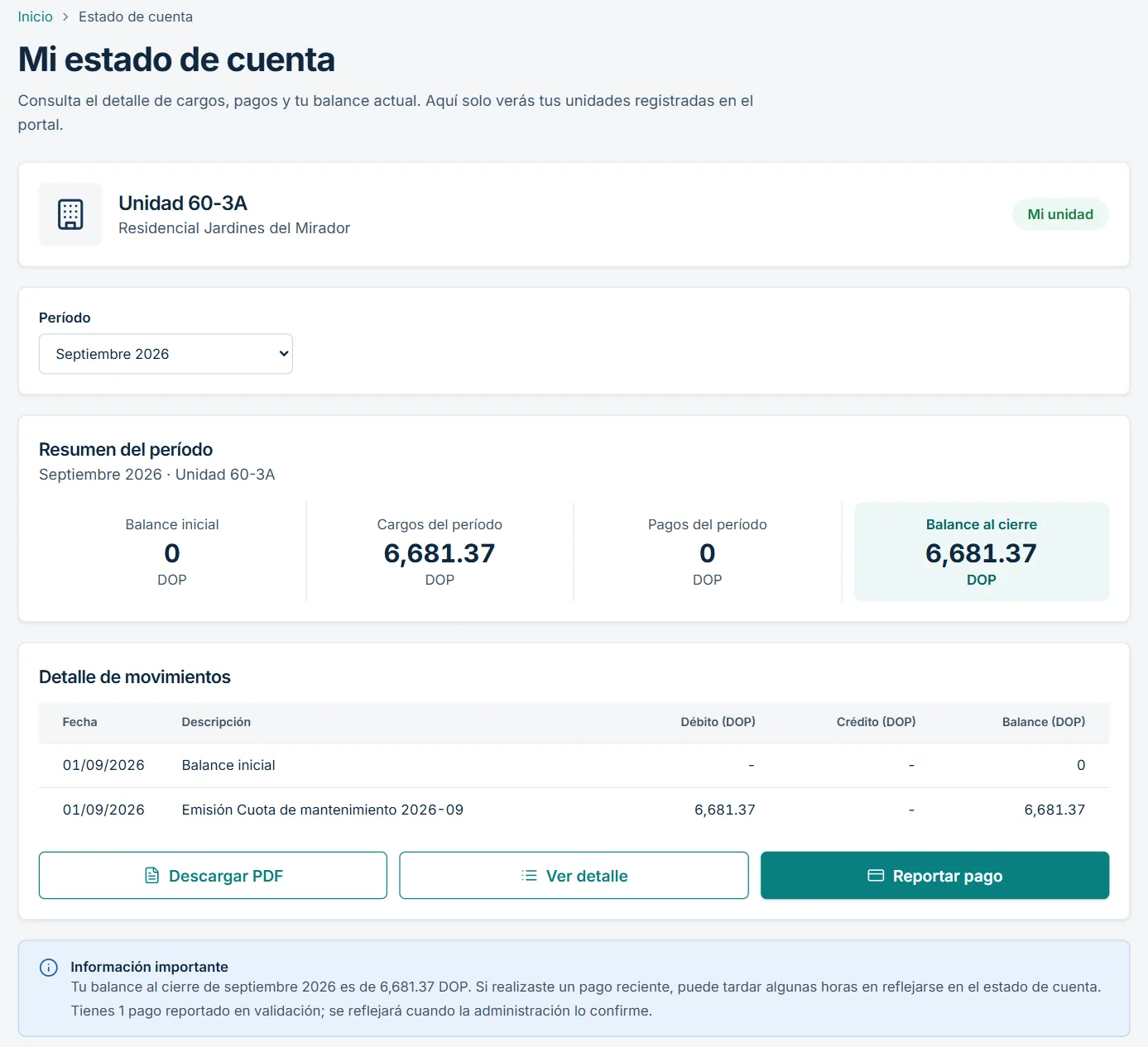 Estado de cuenta del propietario en el portal con el resumen del período y los movimientos