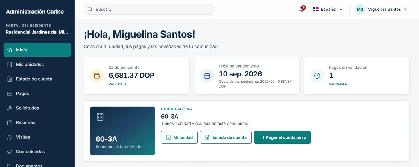 Inicio del portal del propietario con saldo pendiente, próximo vencimiento y pagos en validación