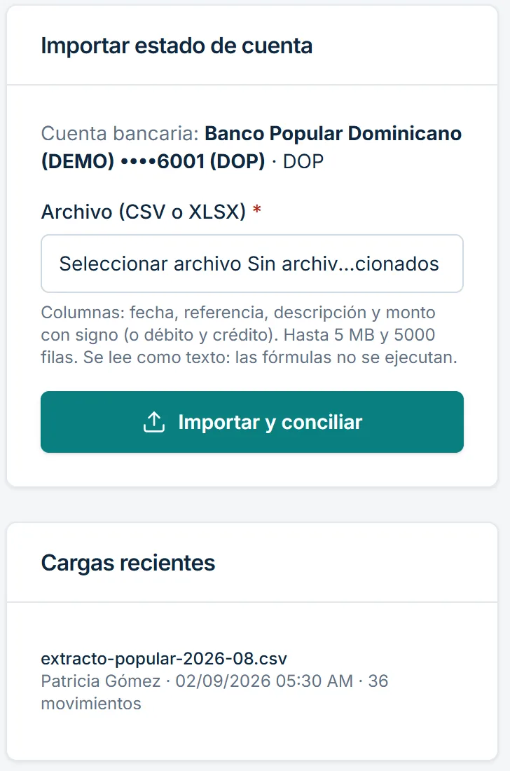Formulario para importar el estado de cuenta del banco en CSV o XLSX