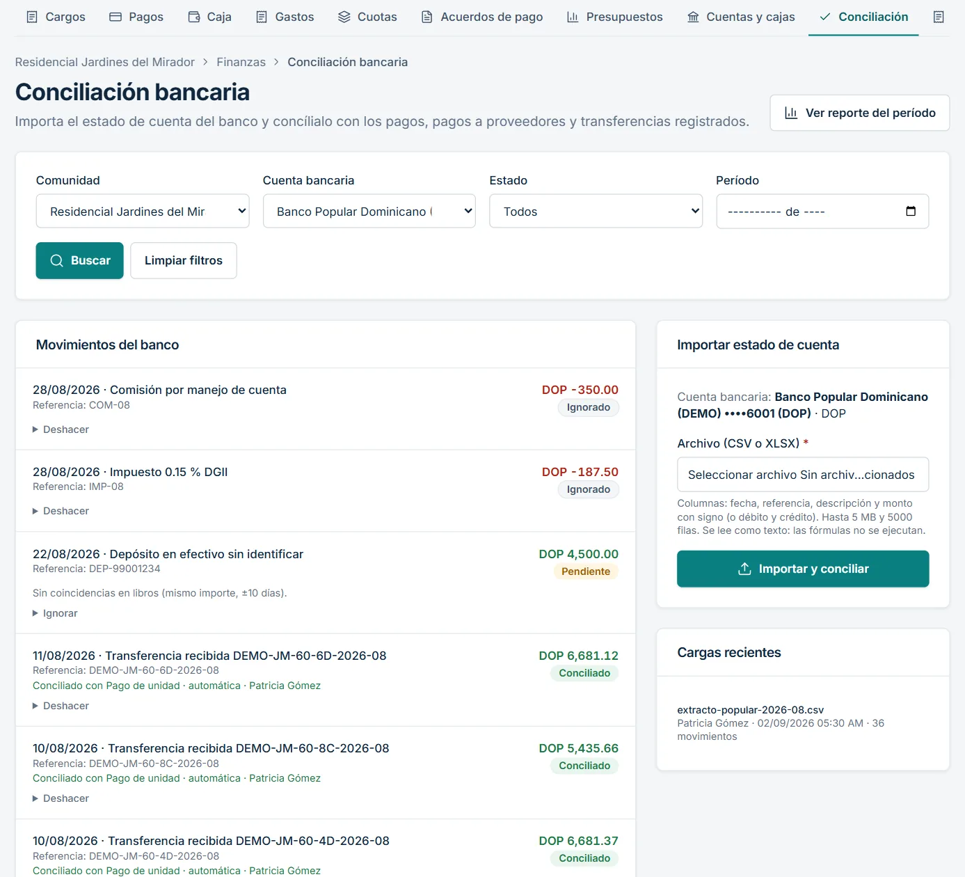 Conciliación bancaria con los movimientos del extracto conciliados automáticamente con los pagos registrados
