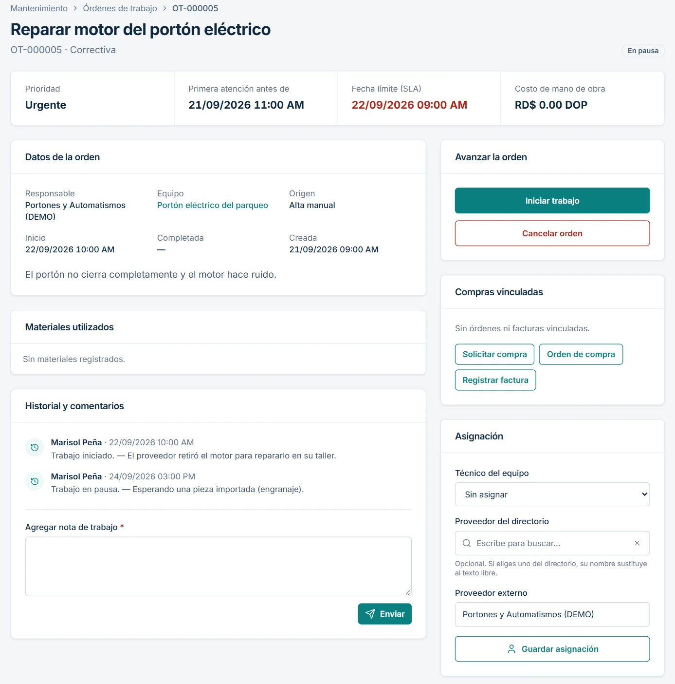 Detalle de una orden de trabajo con su historial, fecha límite y botones para avanzar el trabajo