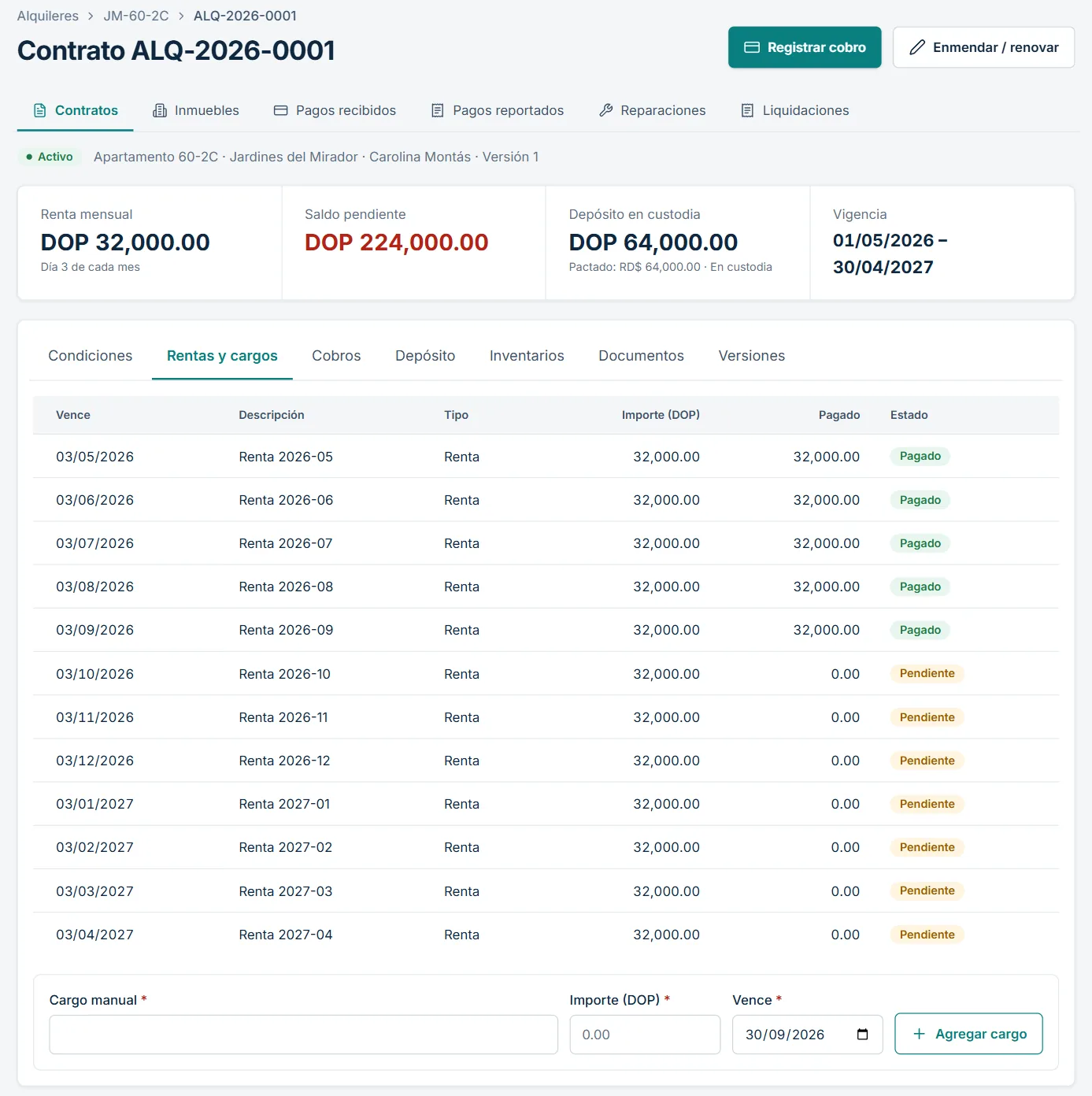 Contrato de alquiler con el calendario de rentas pagadas y pendientes y el depósito en custodia
