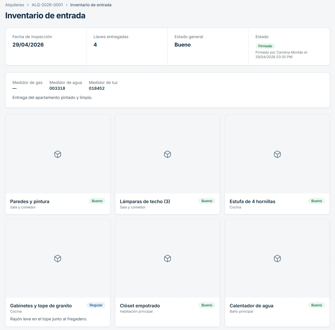 Inventario de entrada de un apartamento alquilado con el estado de cada elemento y la firma de la inquilina