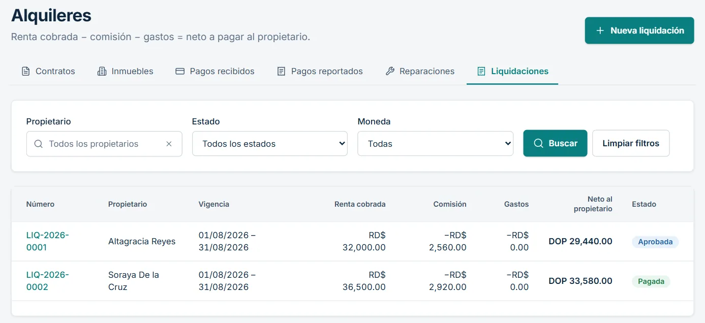 Liquidaciones mensuales a propietarios con la renta cobrada, la comisión y el neto a pagar