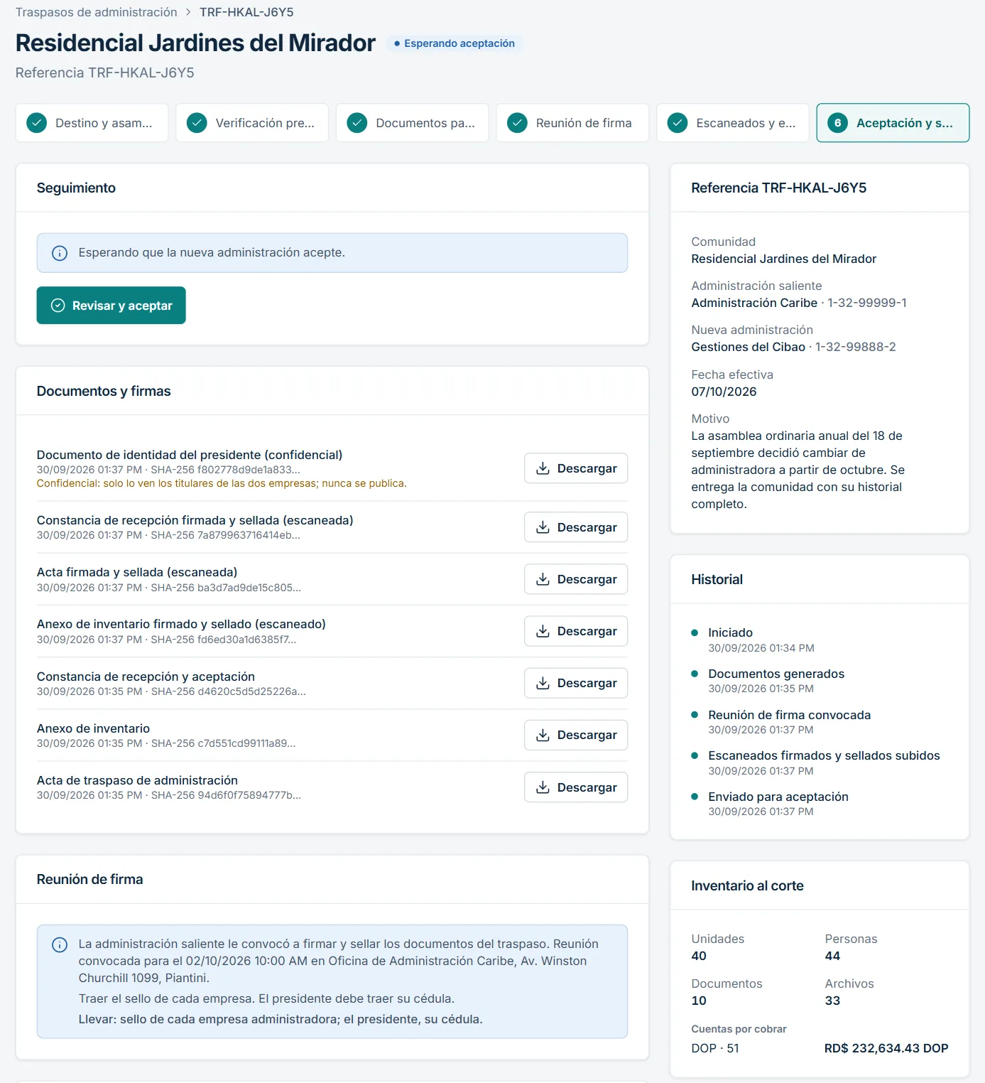 Vista de la nueva administradora con el traspaso pendiente de aceptación y el inventario al corte