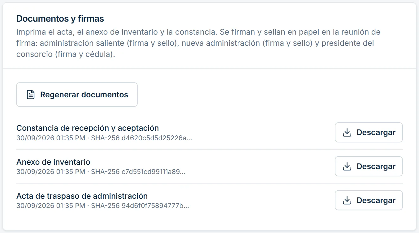 Documentos generados para el traspaso: acta, anexo de inventario y constancia de recepción