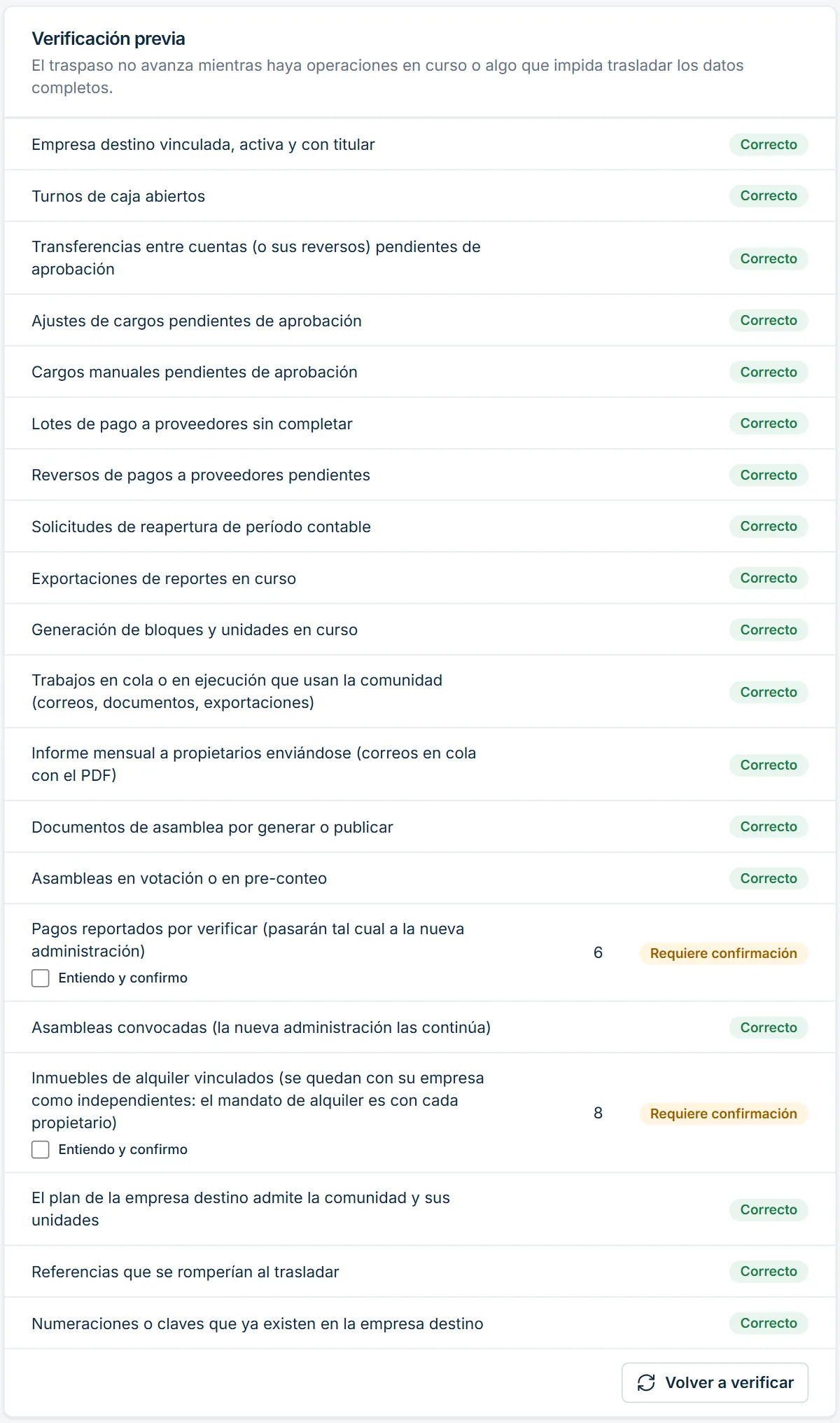 Verificación previa del traspaso con comprobaciones correctas y advertencias que requieren confirmación