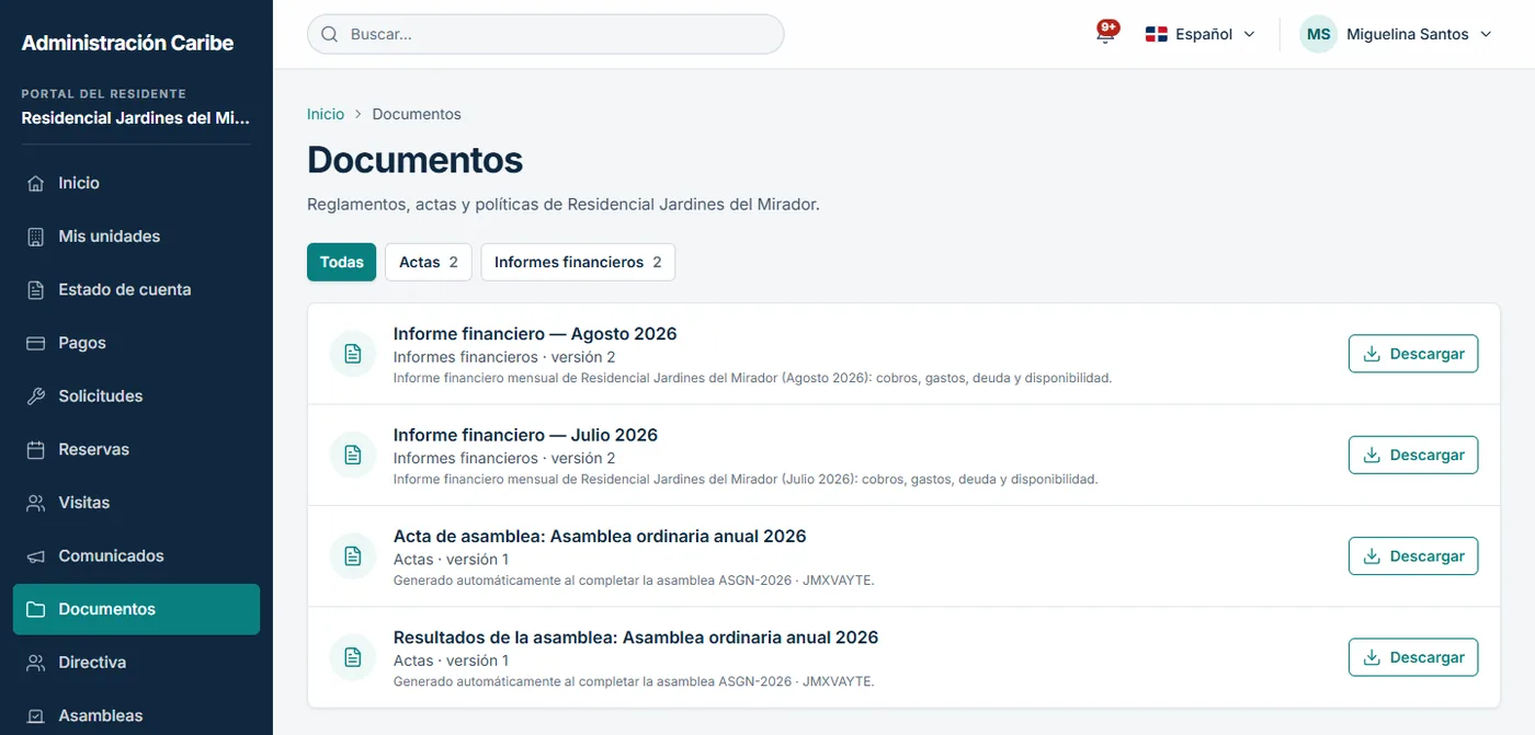 Documentos del portal del propietario con los informes financieros mensuales y las actas