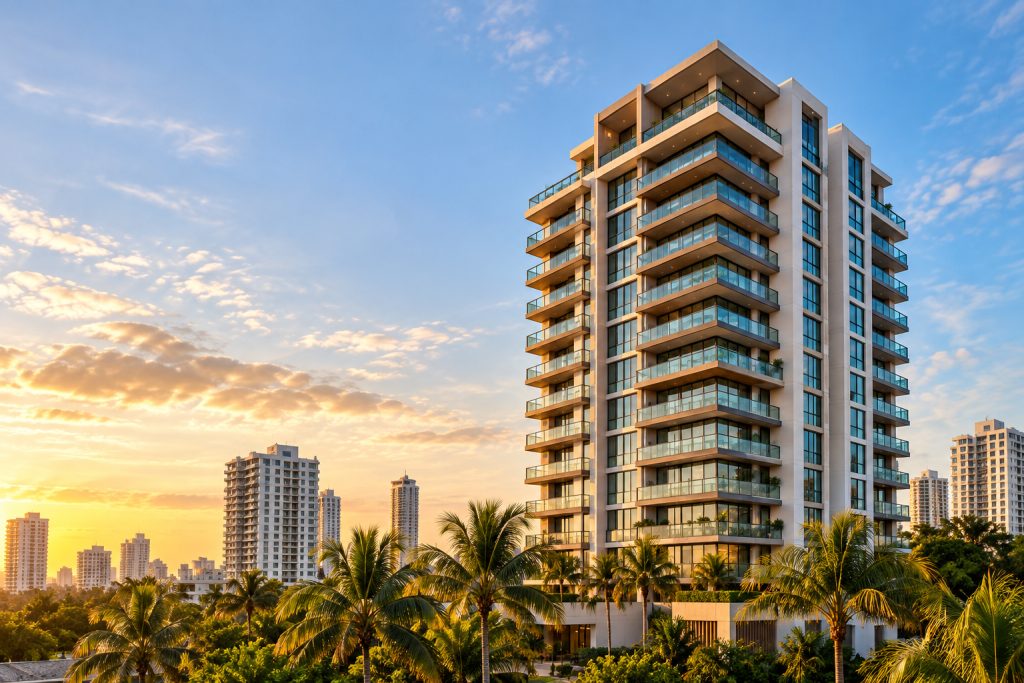 Torre residencial con balcones y palmeras