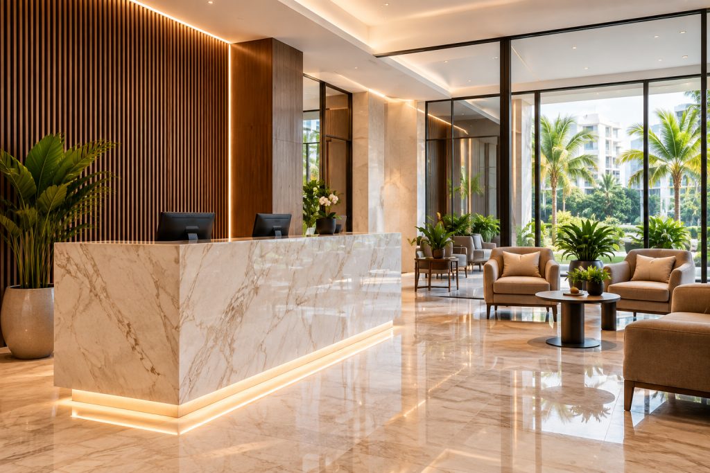 Recepción moderna de un edificio residencial